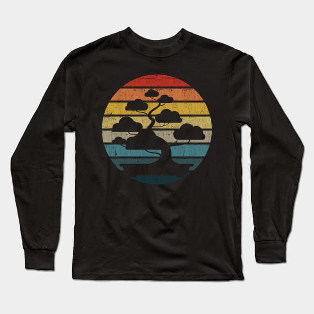 Bonsai Silhouette On A Distressed Retro Sunset print Long Sleeve T-Shirt by theodoros20